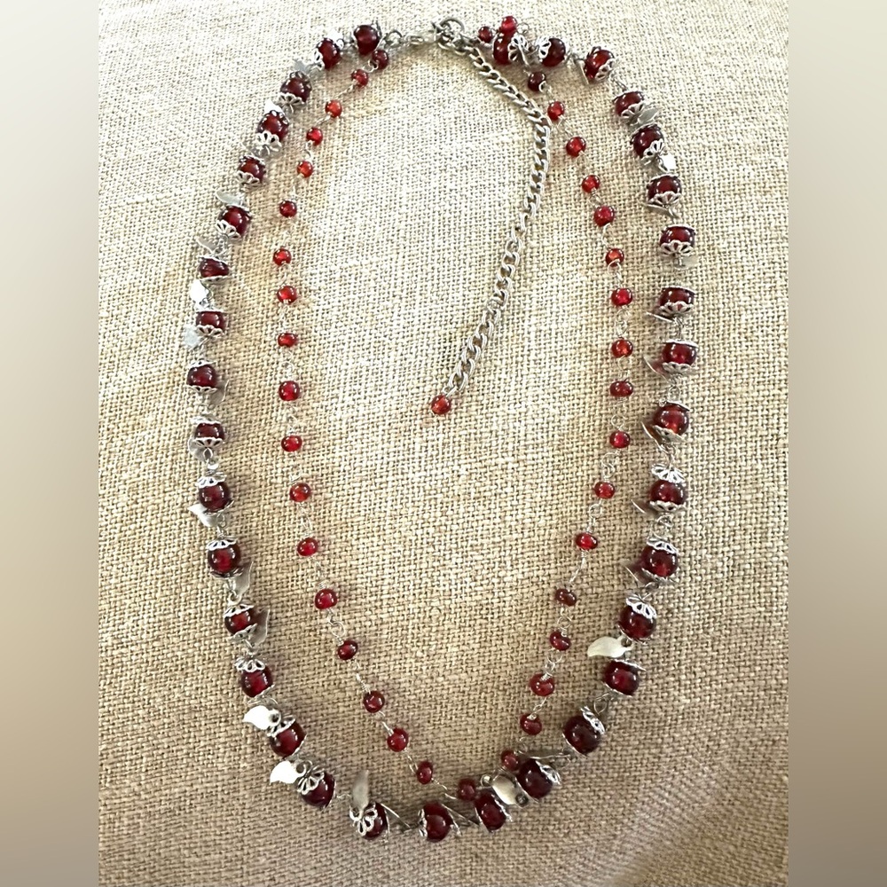 Stunning Chic Artisan Handcrafted Double Stranded Red Beaded Necklace Leaf Boho